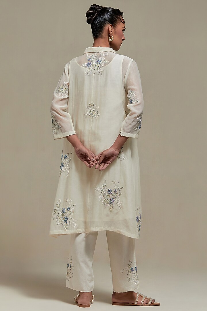 Off-White Cotton Chanderi Sequins Embroidered Short Kurta Set by Kora at Pernia's Pop Up Shop