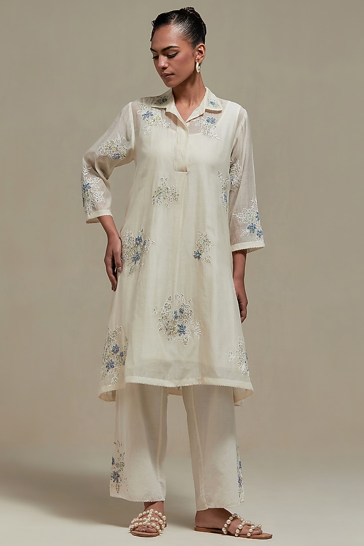 Off-White Cotton Chanderi Sequins Embroidered Short Kurta Set by Kora at Pernia's Pop Up Shop