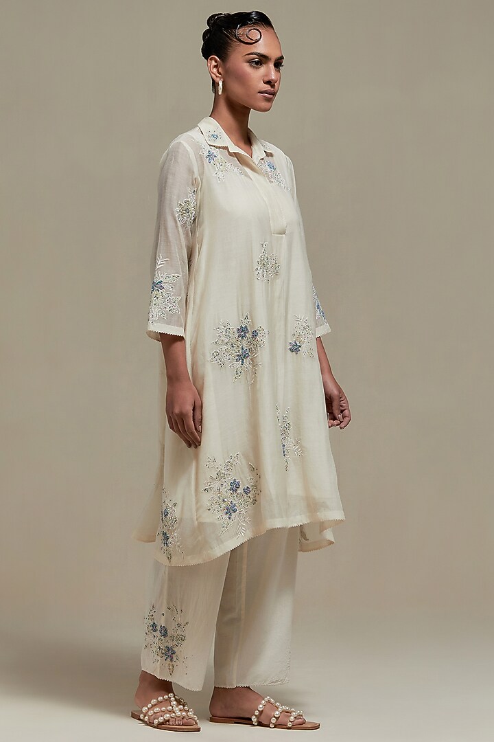 Off-White Cotton Chanderi Sequins Embroidered Short Kurta Set by Kora at Pernia's Pop Up Shop