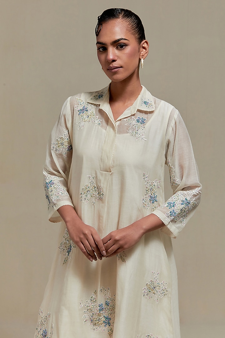 Off-White Cotton Chanderi Sequins Embroidered Short Kurta Set by Kora at Pernia's Pop Up Shop