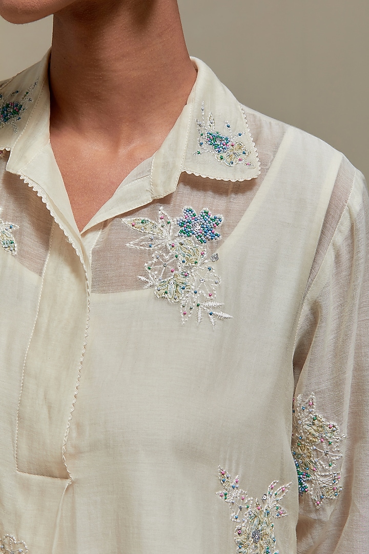 Off-White Cotton Chanderi Sequins Embroidered Short Kurta Set by Kora at Pernia's Pop Up Shop