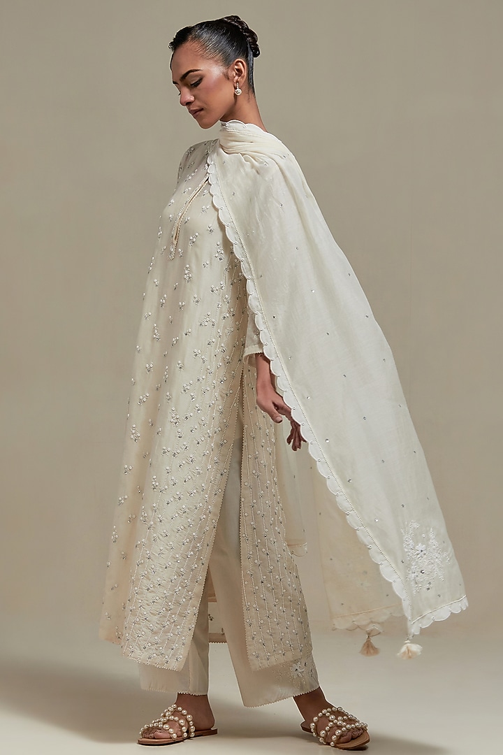 Off-White Cotton Chanderi Sequins Embroidered Straight Kurta Set by Kora at Pernia's Pop Up Shop