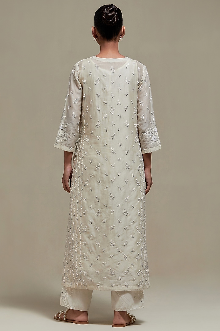 Off-White Cotton Chanderi Sequins Embroidered Straight Kurta Set by Kora at Pernia's Pop Up Shop