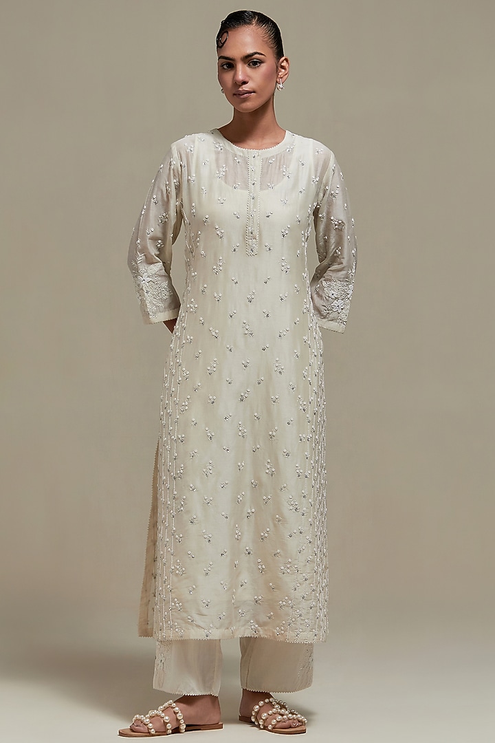Off-White Cotton Chanderi Sequins Embroidered Straight Kurta Set by Kora at Pernia's Pop Up Shop