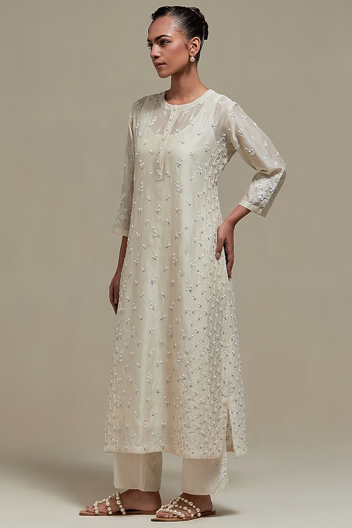 Off-White Cotton Chanderi Sequins Embroidered Straight Kurta Set by Kora at Pernia's Pop Up Shop