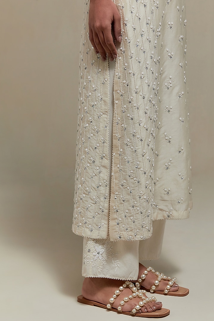 Off-White Cotton Chanderi Sequins Embroidered Straight Kurta Set by Kora at Pernia's Pop Up Shop