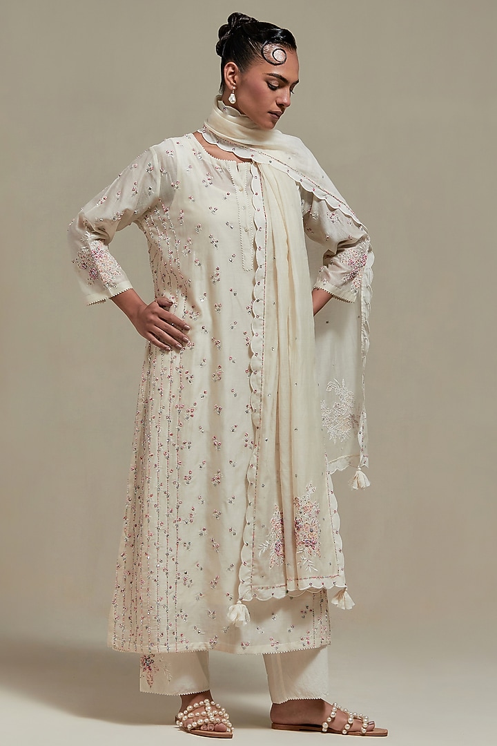Off-White Cotton Chanderi Sequins Embroidered Straight Kurta Set by Kora at Pernia's Pop Up Shop