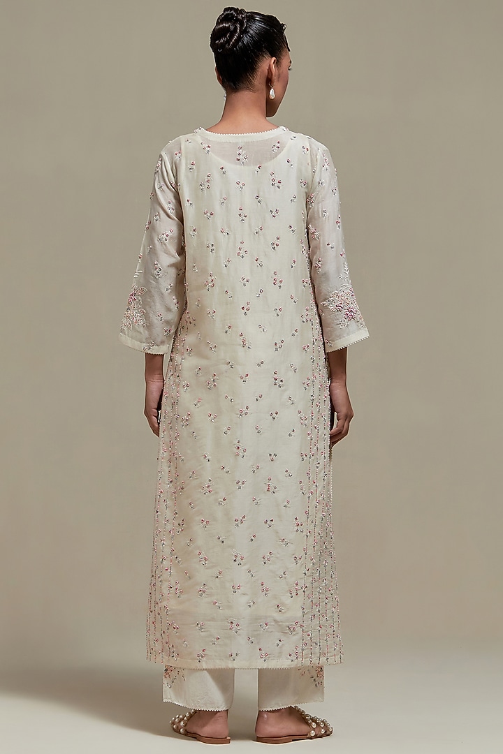 Off-White Cotton Chanderi Sequins Embroidered Straight Kurta Set by Kora at Pernia's Pop Up Shop