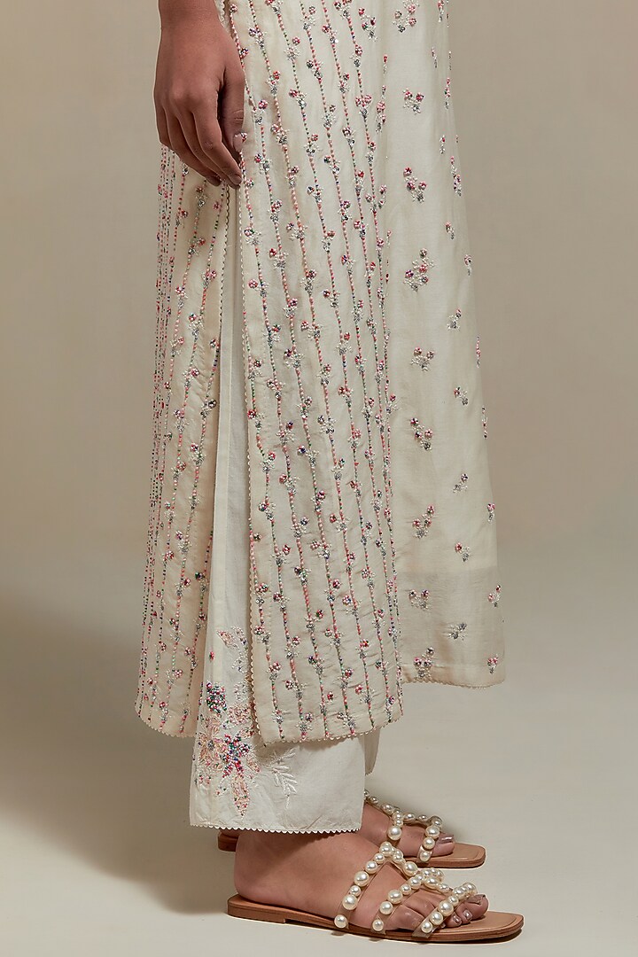 Off-White Cotton Chanderi Sequins Embroidered Straight Kurta Set by Kora at Pernia's Pop Up Shop