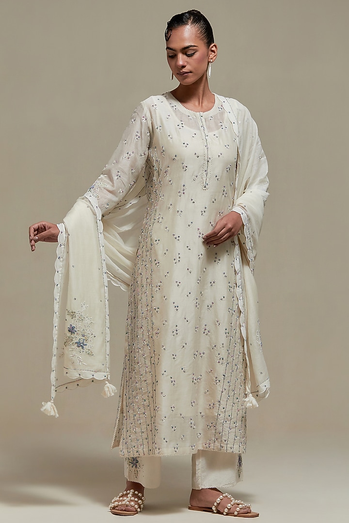 Off-White Cotton Chanderi Sequins Embroidered Straight Kurta Set by Kora at Pernia's Pop Up Shop