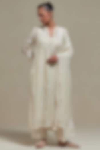Off-White Cotton Chanderi Sequins Embroidered Straight Kurta Set by Kora at Pernia's Pop Up Shop