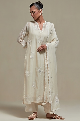 Off-White Cotton Chanderi Sequins Embroidered Straight Kurta Set by Kora