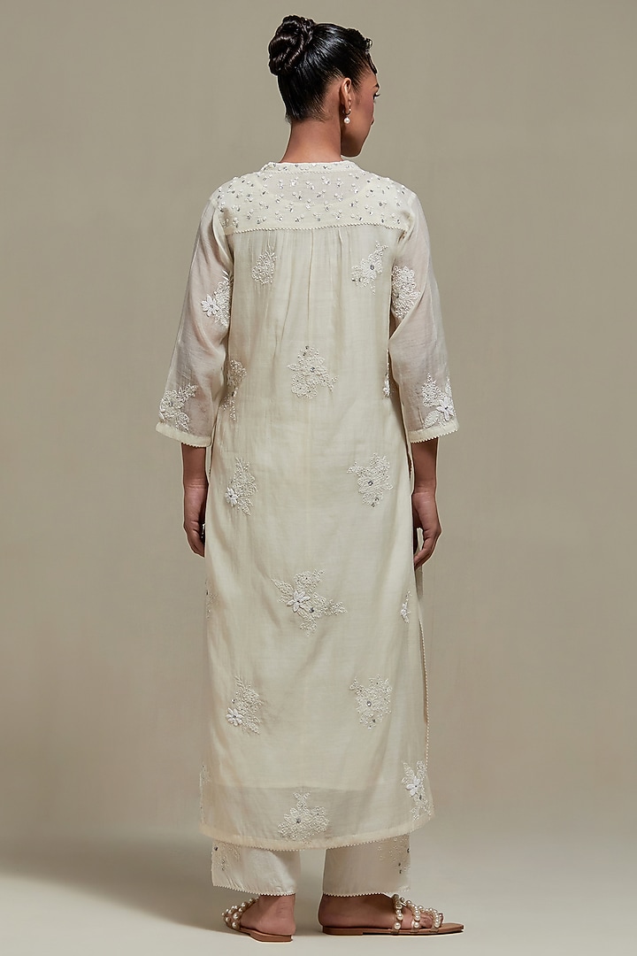 Off-White Cotton Chanderi Sequins Embroidered Straight Kurta Set by Kora at Pernia's Pop Up Shop
