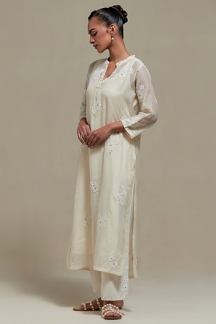 Off-White Cotton Chanderi Sequins Embroidered Straight Kurta Set by Kora at Pernia's Pop Up Shop