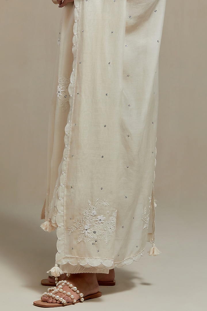 Off-White Cotton Chanderi Sequins Embroidered Straight Kurta Set by Kora at Pernia's Pop Up Shop
