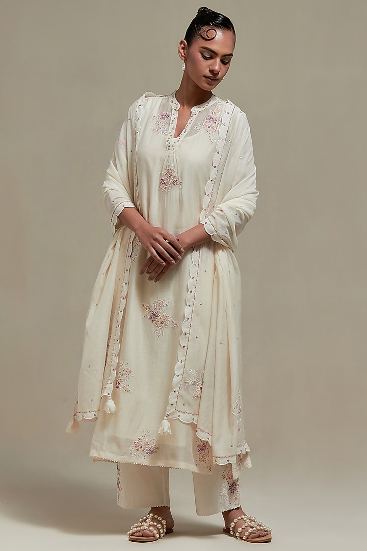 Off-White Cotton Chanderi Sequins Embroidered Straight Kurta Set by Kora at Pernia's Pop Up Shop