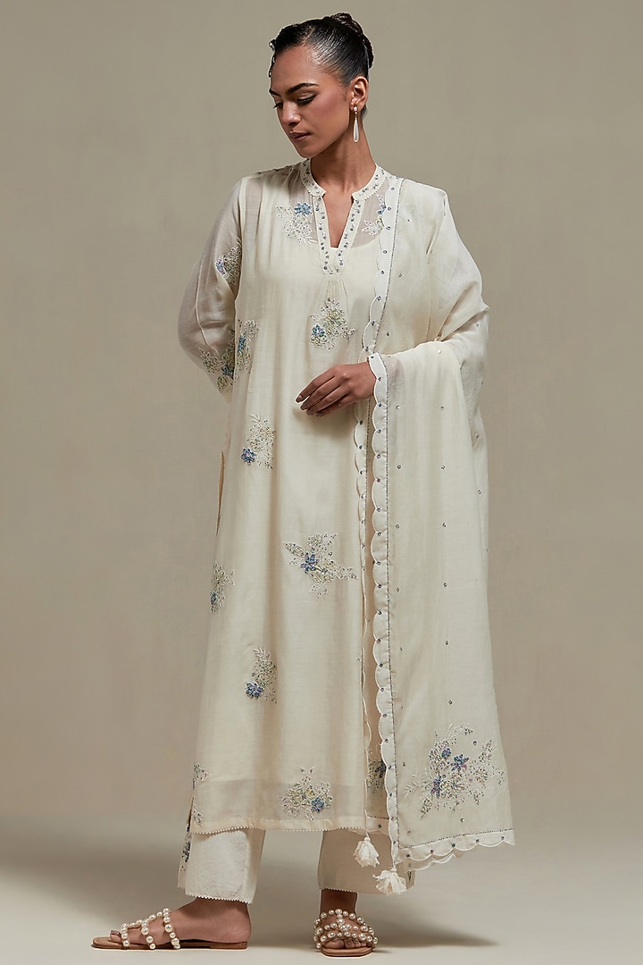 Off-White Cotton Chanderi Sequins Embroidered Straight Kurta Set by Kora at Pernia's Pop Up Shop