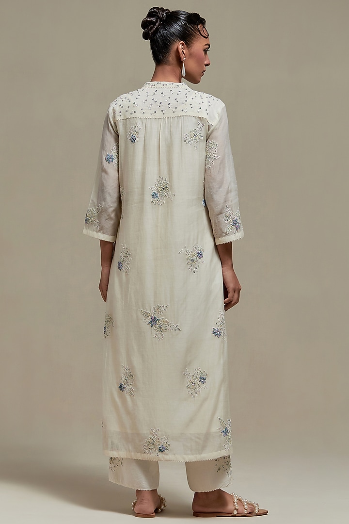 Off-White Cotton Chanderi Sequins Embroidered Straight Kurta Set by Kora at Pernia's Pop Up Shop