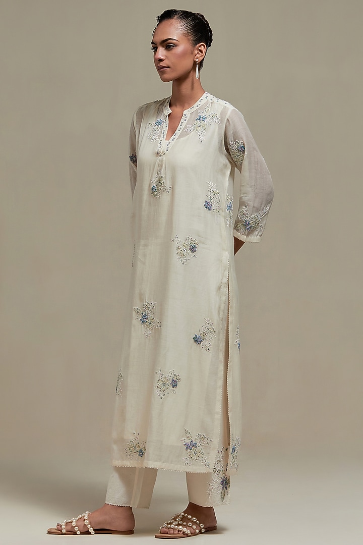 Off-White Cotton Chanderi Sequins Embroidered Straight Kurta Set by Kora at Pernia's Pop Up Shop