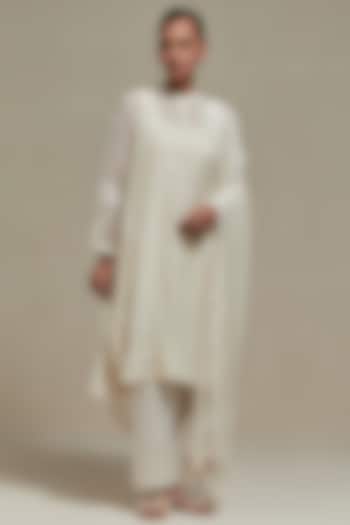 Off-White Cotton Chanderi Sequins Embroidered Short Kurta Set by Kora at Pernia's Pop Up Shop