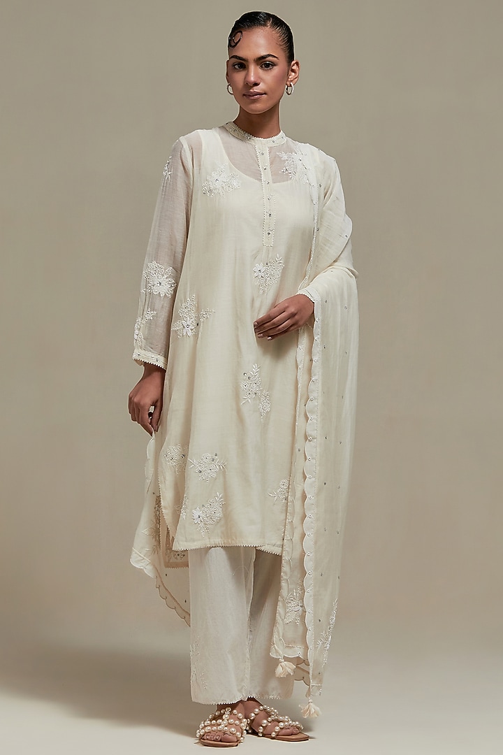 Off-White Cotton Chanderi Sequins Embroidered Short Kurta Set by Kora at Pernia's Pop Up Shop