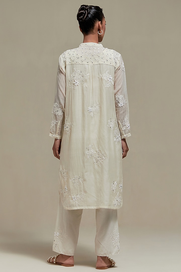 Off-White Cotton Chanderi Sequins Embroidered Short Kurta Set by Kora at Pernia's Pop Up Shop