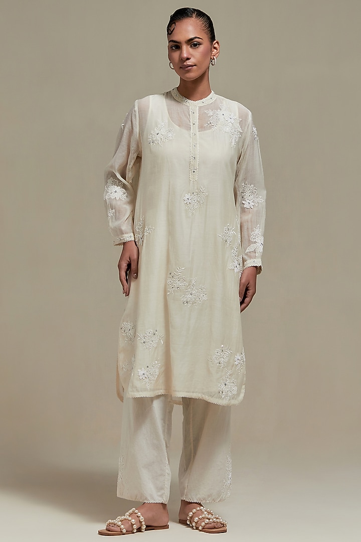 Off-White Cotton Chanderi Sequins Embroidered Short Kurta Set by Kora at Pernia's Pop Up Shop