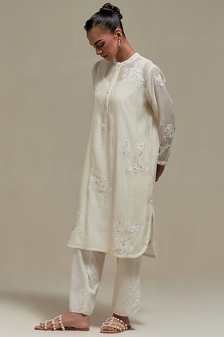 Off-White Cotton Chanderi Sequins Embroidered Short Kurta Set by Kora at Pernia's Pop Up Shop