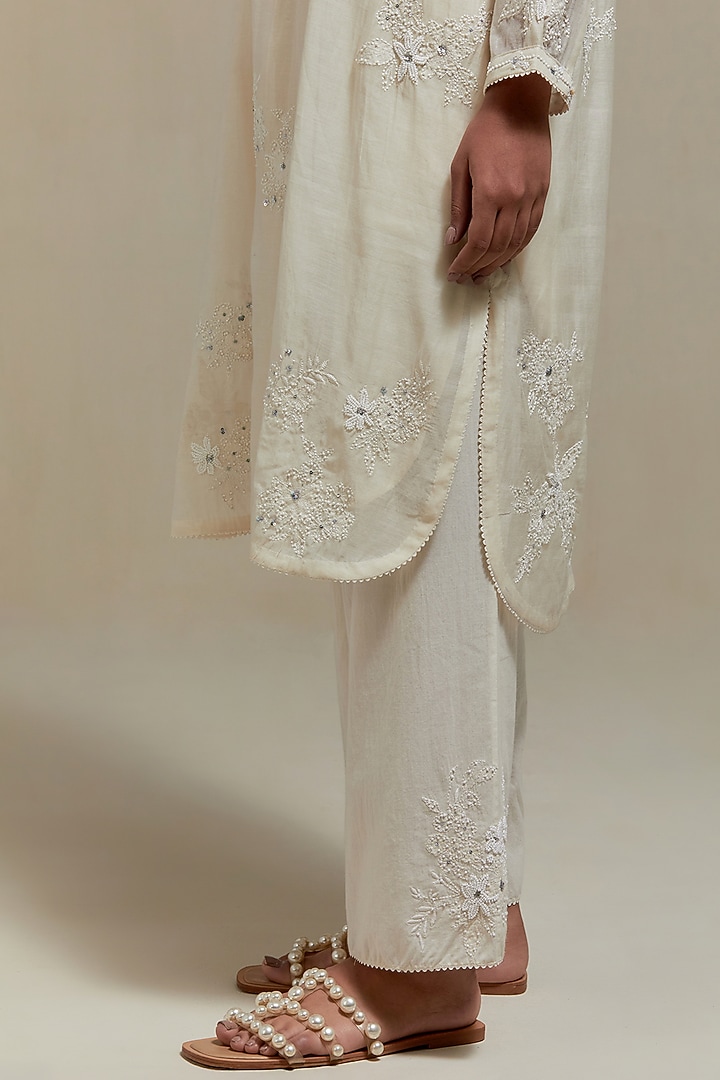 Off-White Cotton Chanderi Sequins Embroidered Short Kurta Set by Kora at Pernia's Pop Up Shop