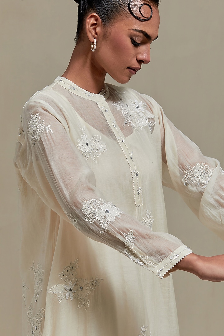 Off-White Cotton Chanderi Sequins Embroidered Short Kurta Set by Kora at Pernia's Pop Up Shop