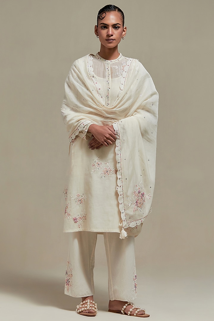 Off-White Cotton Chanderi Sequins Embroidered Short Kurta Set by Kora at Pernia's Pop Up Shop