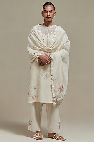 Off-White Cotton Chanderi Sequins Embroidered Short Kurta Set by Kora