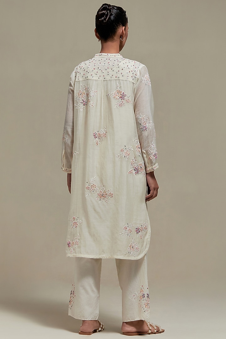Off-White Cotton Chanderi Sequins Embroidered Short Kurta Set by Kora at Pernia's Pop Up Shop