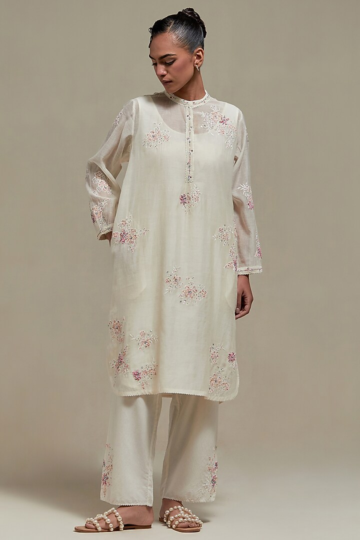 Off-White Cotton Chanderi Sequins Embroidered Short Kurta Set by Kora at Pernia's Pop Up Shop