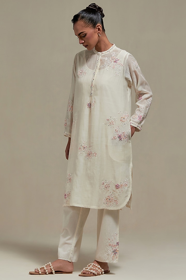 Off-White Cotton Chanderi Sequins Embroidered Short Kurta Set by Kora at Pernia's Pop Up Shop
