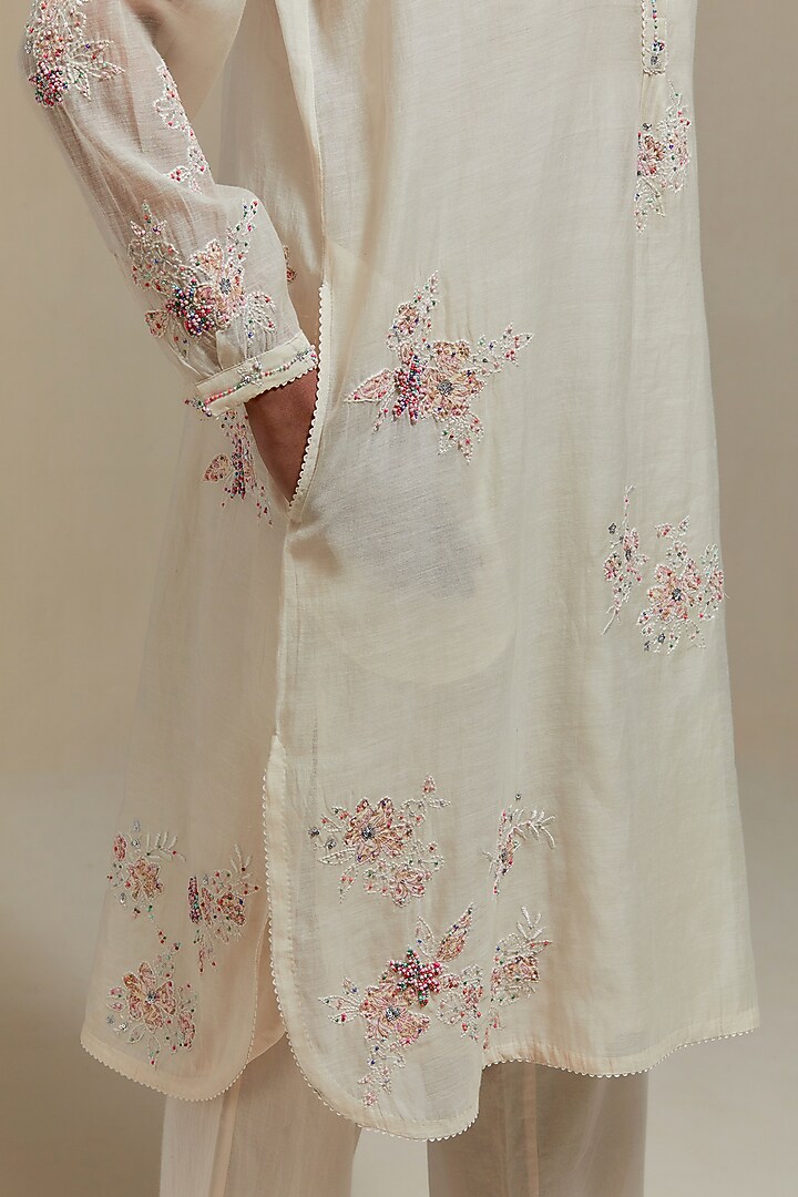Off-White Cotton Chanderi Sequins Embroidered Short Kurta Set by Kora at Pernia's Pop Up Shop