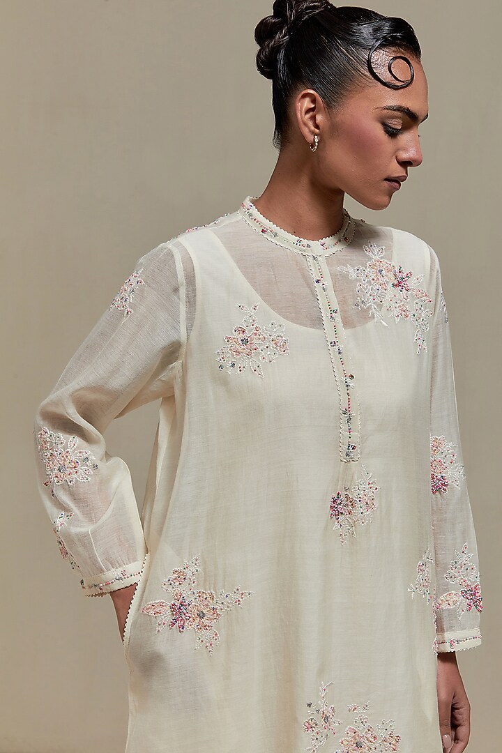 Off-White Cotton Chanderi Sequins Embroidered Short Kurta Set by Kora at Pernia's Pop Up Shop