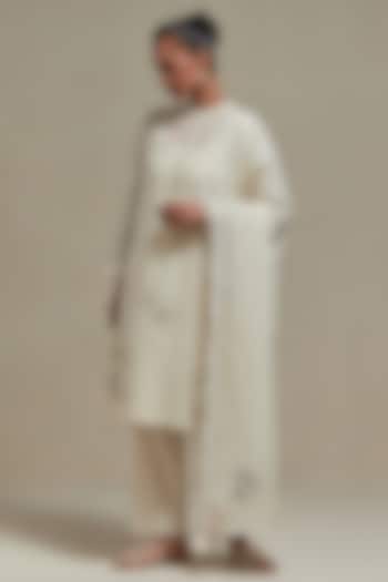 Off-White Cotton Chanderi Sequins Embroidered Short Kurta Set by Kora at Pernia's Pop Up Shop
