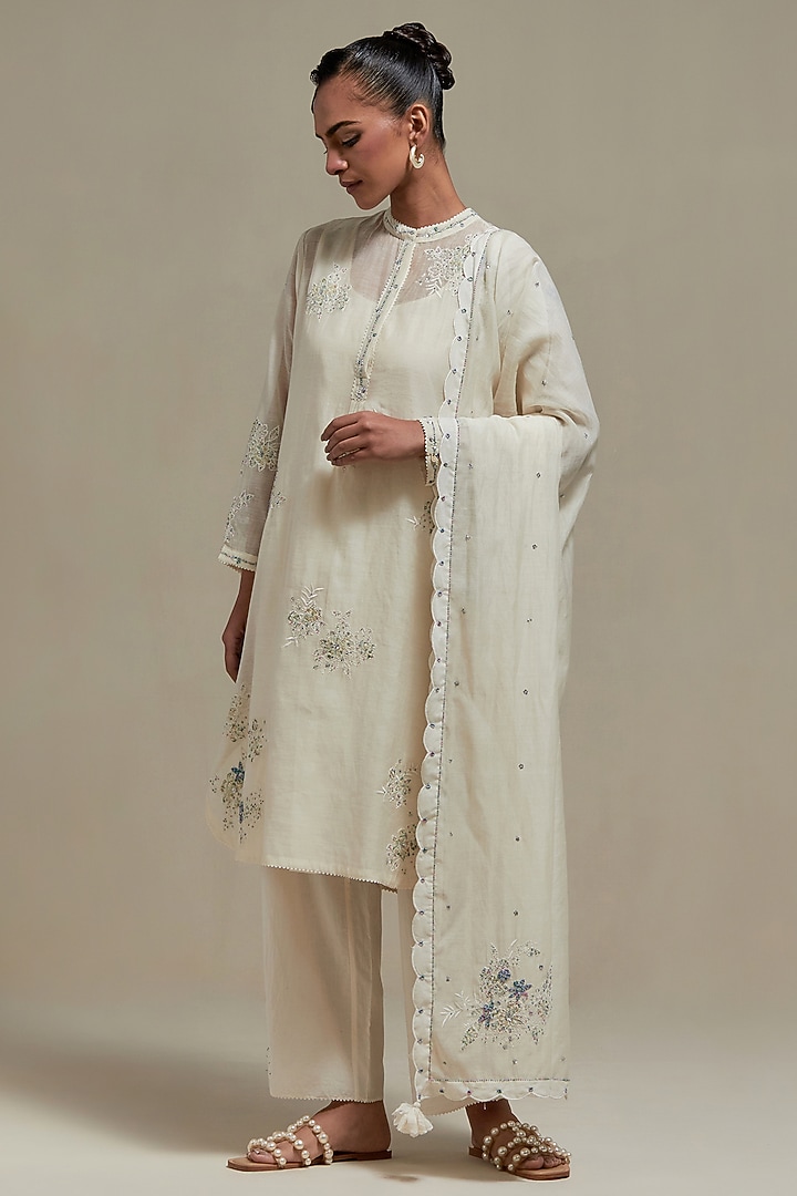 Off-White Cotton Chanderi Sequins Embroidered Short Kurta Set by Kora at Pernia's Pop Up Shop