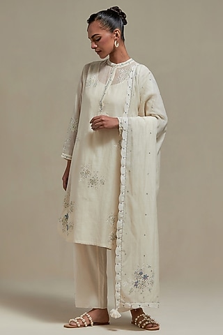 Off-White Cotton Chanderi Sequins Embroidered Short Kurta Set by Kora
