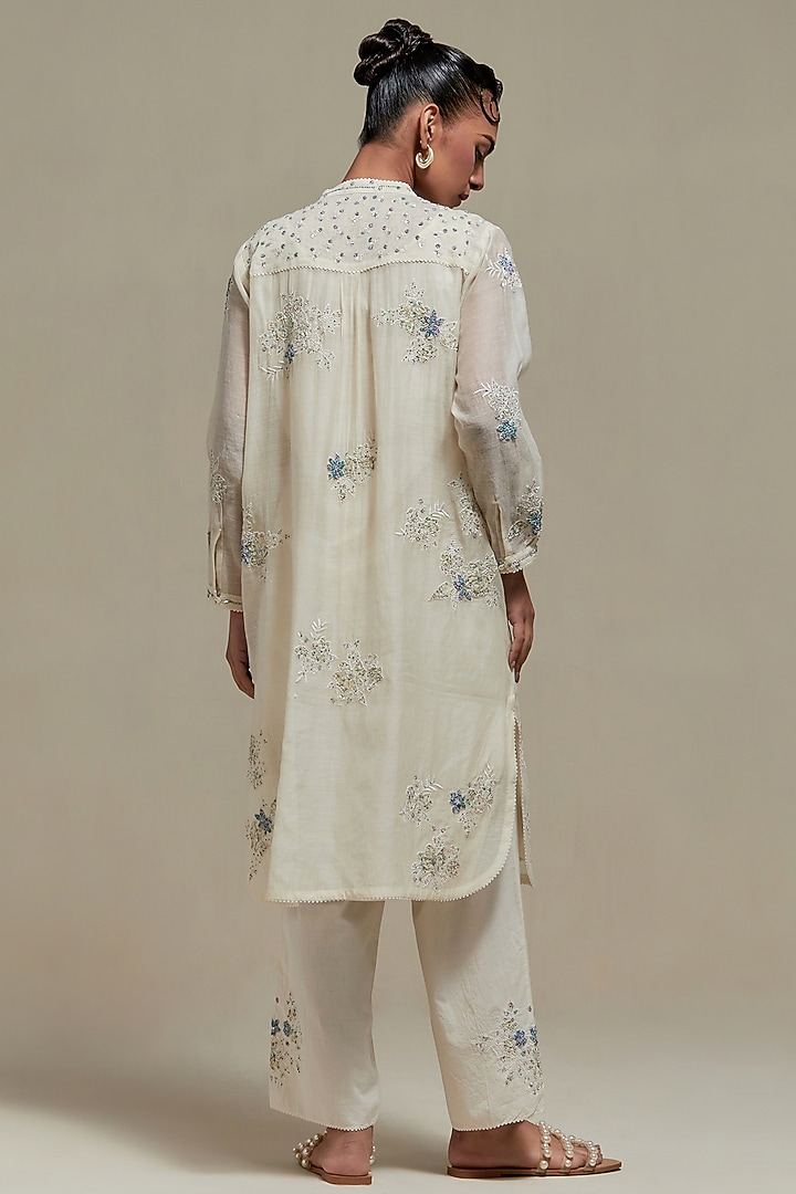 Off-White Cotton Chanderi Sequins Embroidered Short Kurta Set by Kora at Pernia's Pop Up Shop