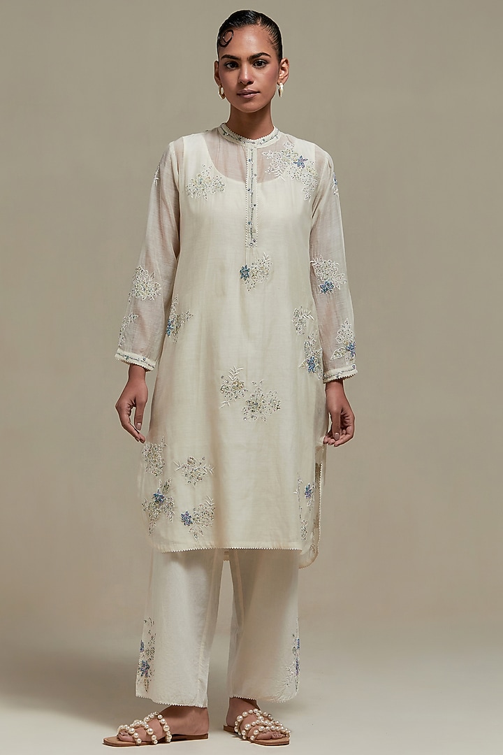 Off-White Cotton Chanderi Sequins Embroidered Short Kurta Set by Kora at Pernia's Pop Up Shop