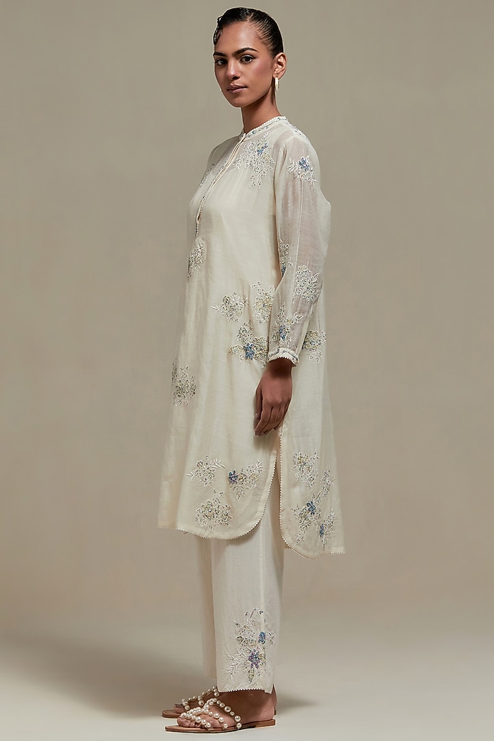 Off-White Cotton Chanderi Sequins Embroidered Short Kurta Set by Kora at Pernia's Pop Up Shop