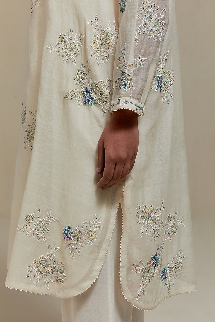 Off-White Cotton Chanderi Sequins Embroidered Short Kurta Set by Kora at Pernia's Pop Up Shop
