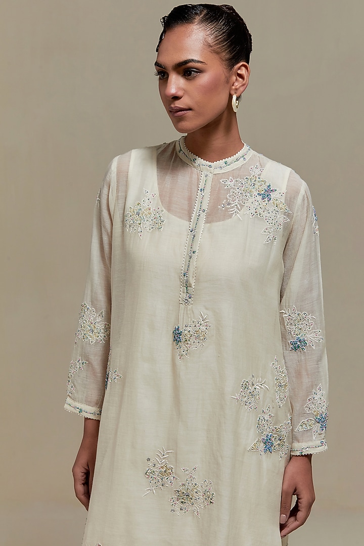 Off-White Cotton Chanderi Sequins Embroidered Short Kurta Set by Kora at Pernia's Pop Up Shop