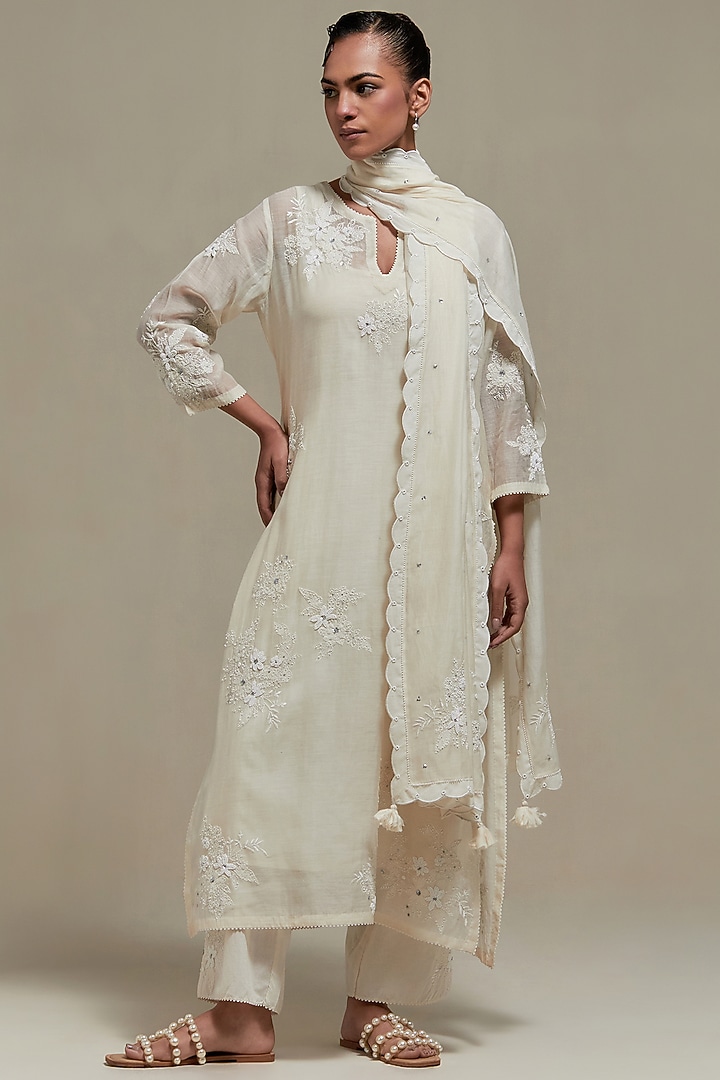 Off-White Cotton Chanderi Sequins Embroidered Straight Kurta Set by Kora at Pernia's Pop Up Shop