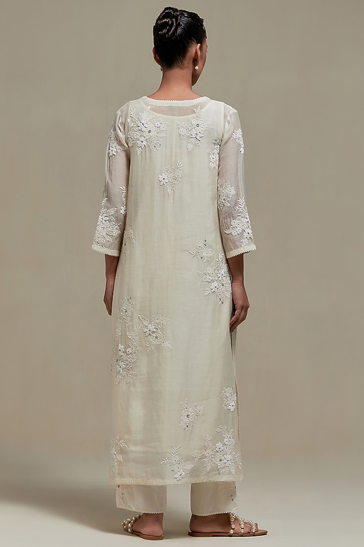 Off-White Cotton Chanderi Sequins Embroidered Straight Kurta Set by Kora at Pernia's Pop Up Shop