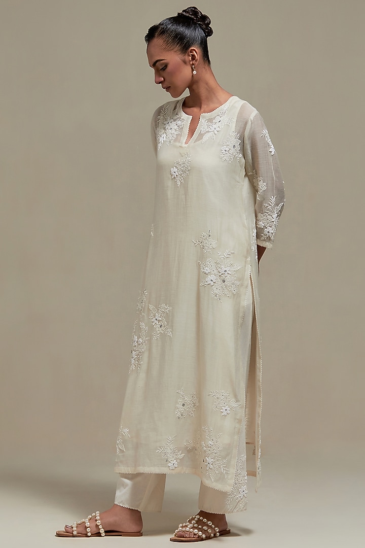 Off-White Cotton Chanderi Sequins Embroidered Straight Kurta Set by Kora at Pernia's Pop Up Shop