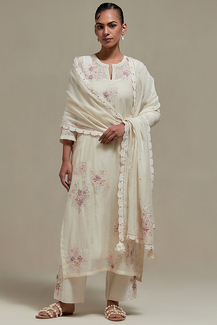 Off-White Cotton Chanderi Sequins Embroidered Straight Kurta Set by Kora at Pernia's Pop Up Shop