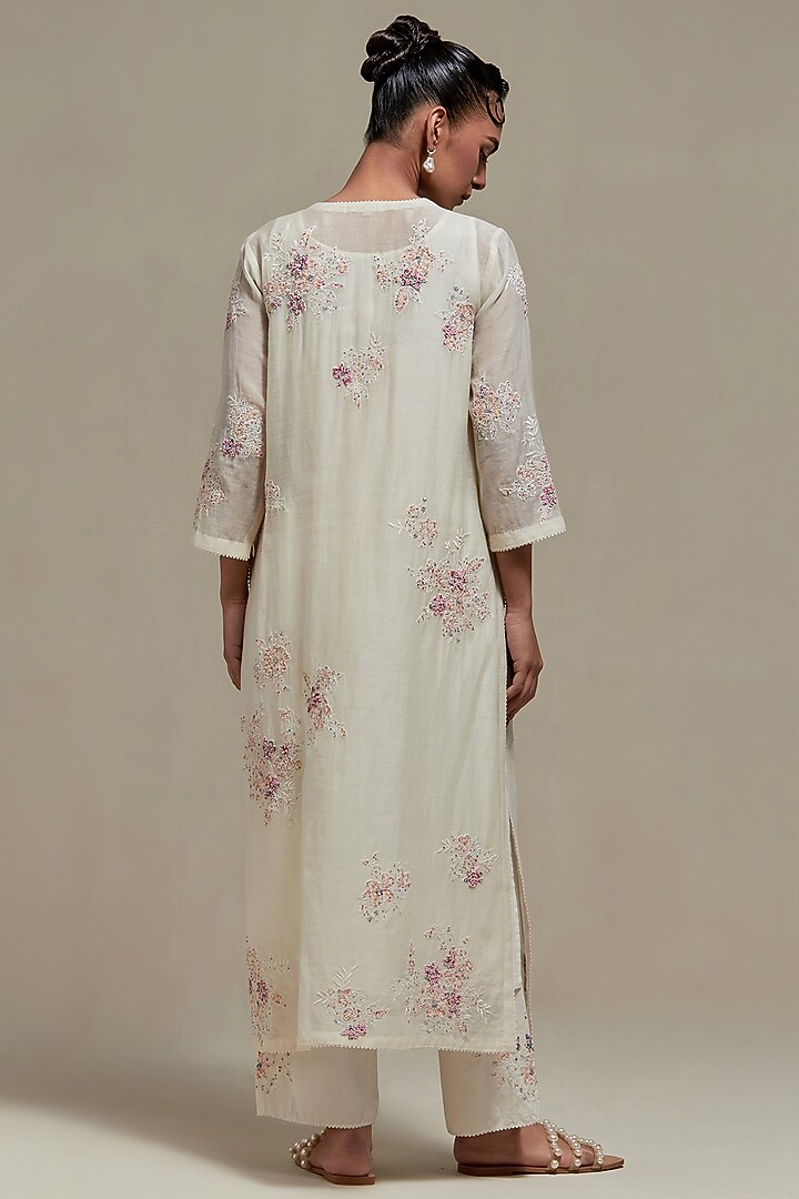 Off-White Cotton Chanderi Sequins Embroidered Straight Kurta Set by Kora at Pernia's Pop Up Shop